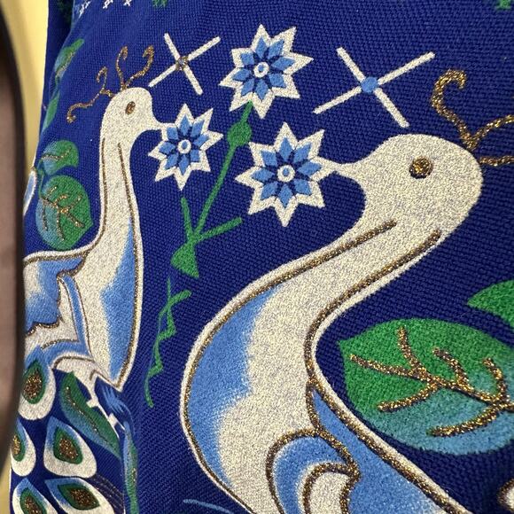 Handmade Blue Peacock Print Cotton Poncho Pullover Top with Tassels One Size - Picture 8 of 9